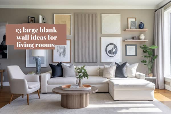 Large blank wall with creative art displays in a stylish living room setting.