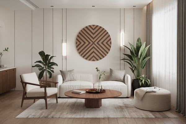 Elegant living room with minimalist furniture and natural light, perfect for small spaces.