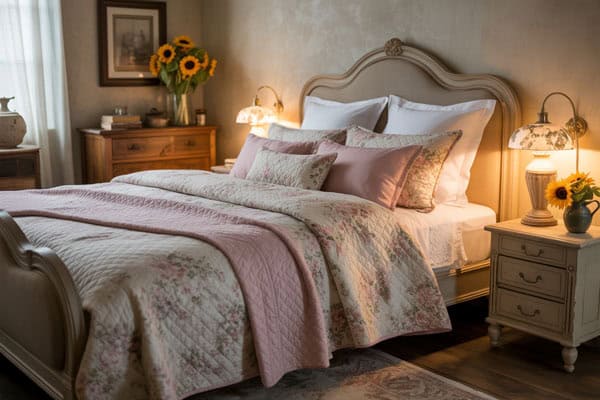Charming country bedroom with floral bedding and vintage furniture for a cozy, rustic look.