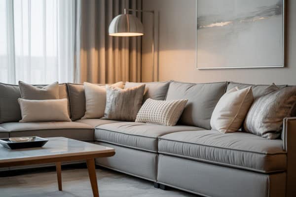 Elegant grey sectional sofa with plush cushions in a modern living room setting.