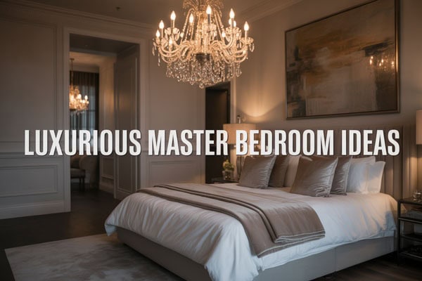 Elegant master bedroom with chandelier and stylish decor for couples.