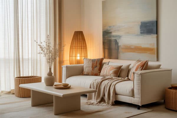 Elegant boho living room with neutral tones and cozy accents.