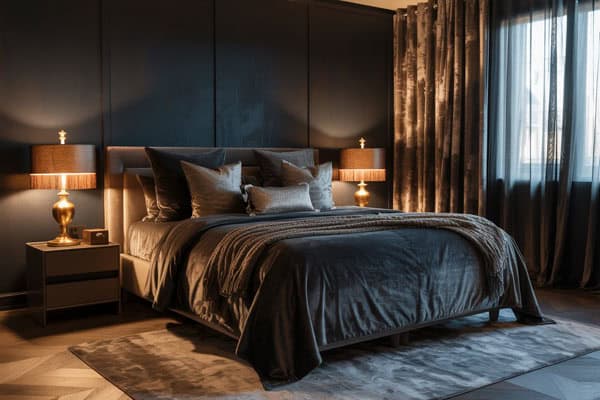 Stylish moody bedroom featuring dark tones, cozy bedding, and ambient lighting for a dramatic space.