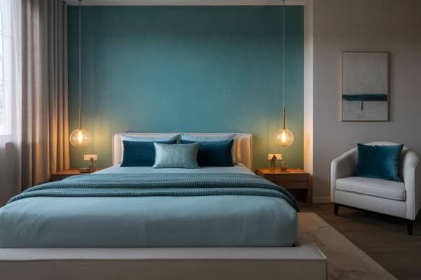 Elegant teal bedroom featuring modern design, cozy bedding, and ambient lighting for a fresh, contem.