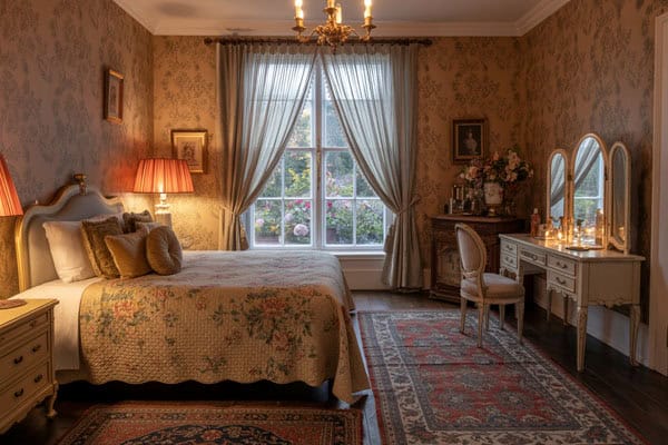 Elegant vintage bedroom featuring classic furniture, floral bedding, and soft lighting for a charmin.