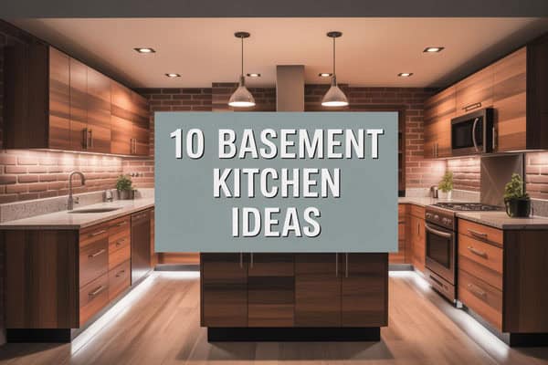 Modern basement kitchen with wooden cabinets and stainless steel appliances.