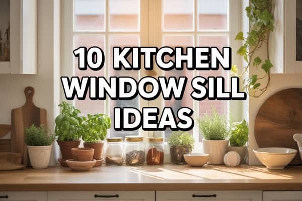 Bright kitchen window sill with potted herbs and decorative jars for stylish storage.