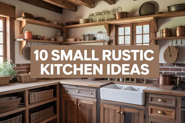 Rustic kitchen featuring open wooden shelves, copper pots, and vintage decor for a warm, inviting sm.