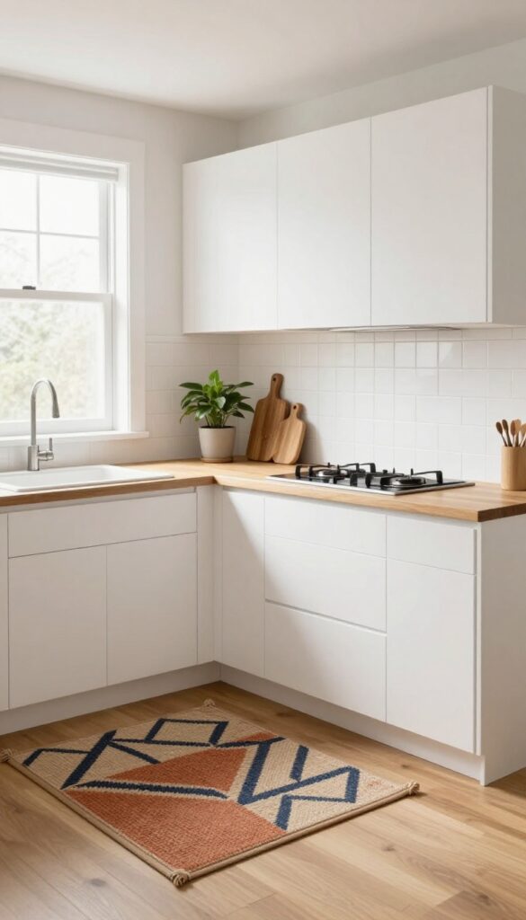 Small galley kitchen with white cabinets and a geometric patterned rug in front of the sink adding warmth and color.
