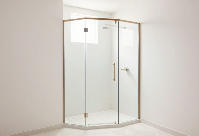 Modern neo angle shower with glass doors, patterned tiles, and wood accents in a bright, stylish bathroom.