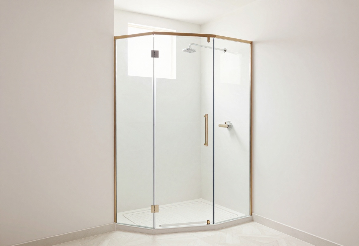 Modern neo angle shower with glass doors, patterned tiles, and wood accents in a bright, stylish bathroom.