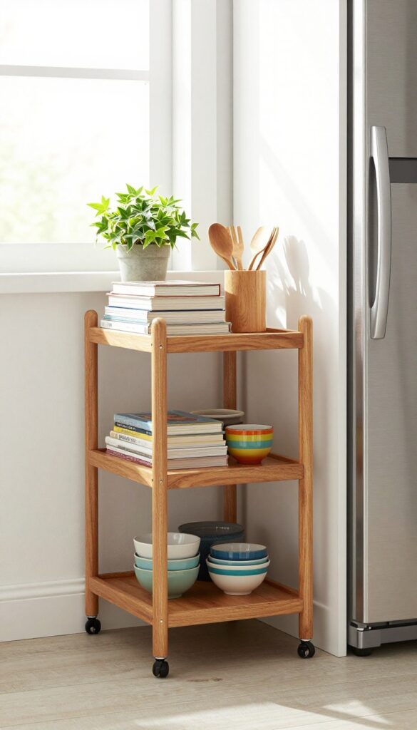 Slim wooden rolling cart with shelves in a small kitchen gap, holding cookbooks and plants.