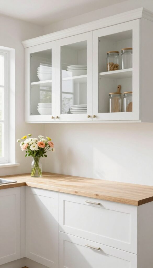 Small kitchen with glass-front cabinets displaying organized white dishes and glass jars, natural light reflecting off glass.