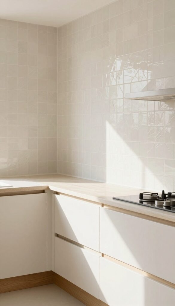 Cream kitchen with textured patterned tile backsplash and warm wood accents