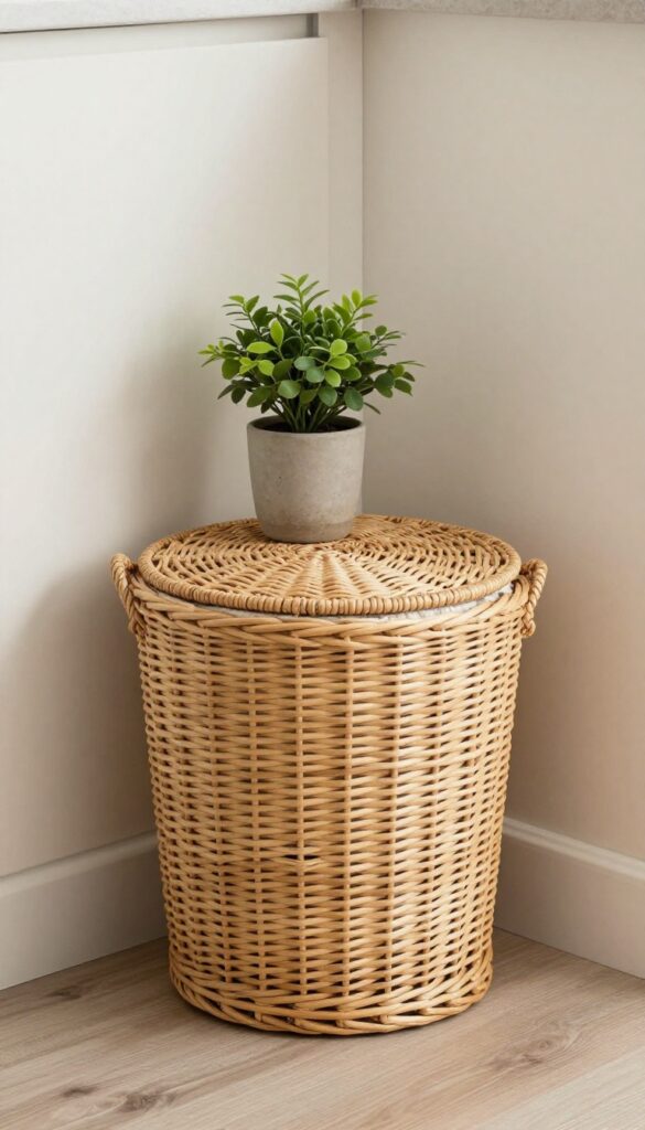 Decorative wicker basket trash can with lid and liner in a cozy kitchen corner