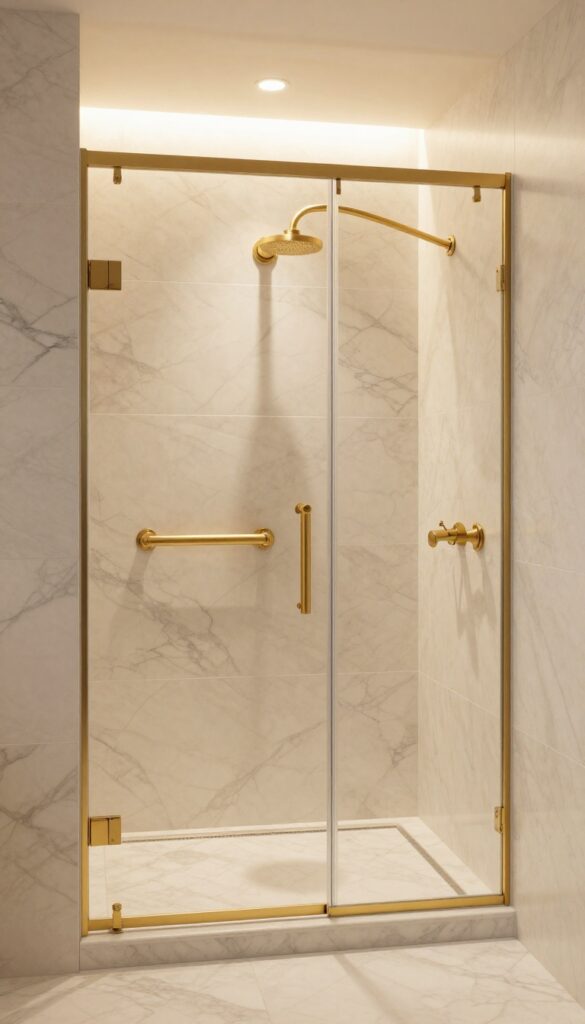 A luxurious marble walk-in shower glowing with warm golden lighting, highlighting the natural textures and creating a cozy, inviting atmosphere.