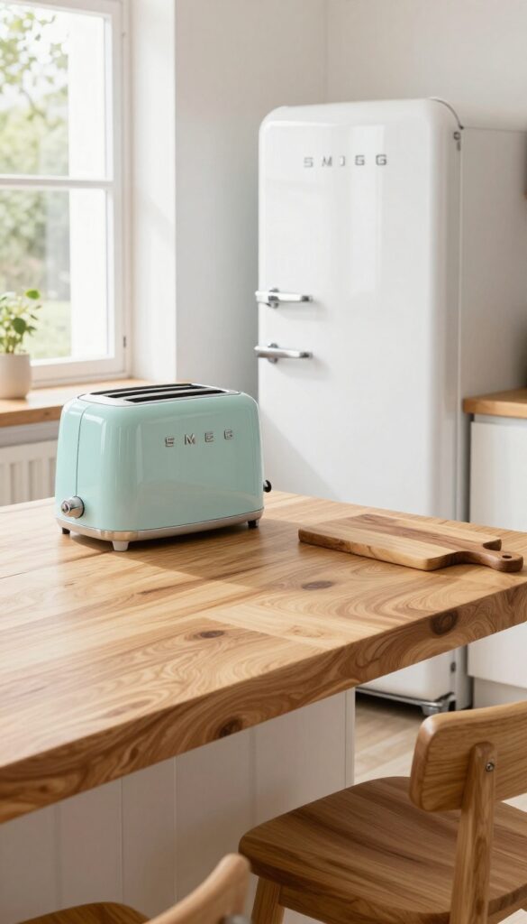 Bright kitchen with white Smeg appliances and warm wood countertops and stools