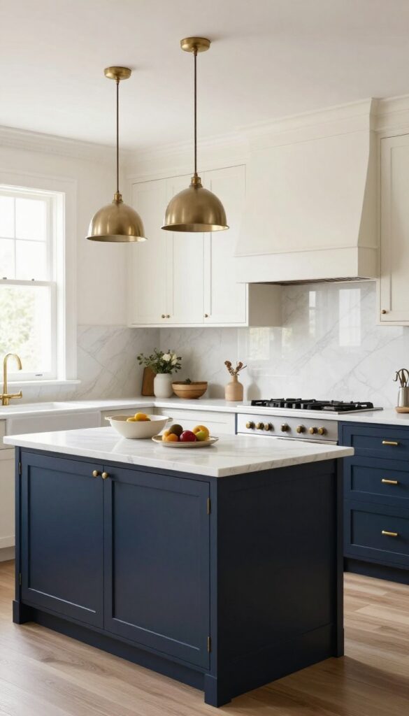 Cream kitchen with dark navy blue island and charcoal lower cabinets, brass hardware, white marble countertops, soft metallic pendant lights.