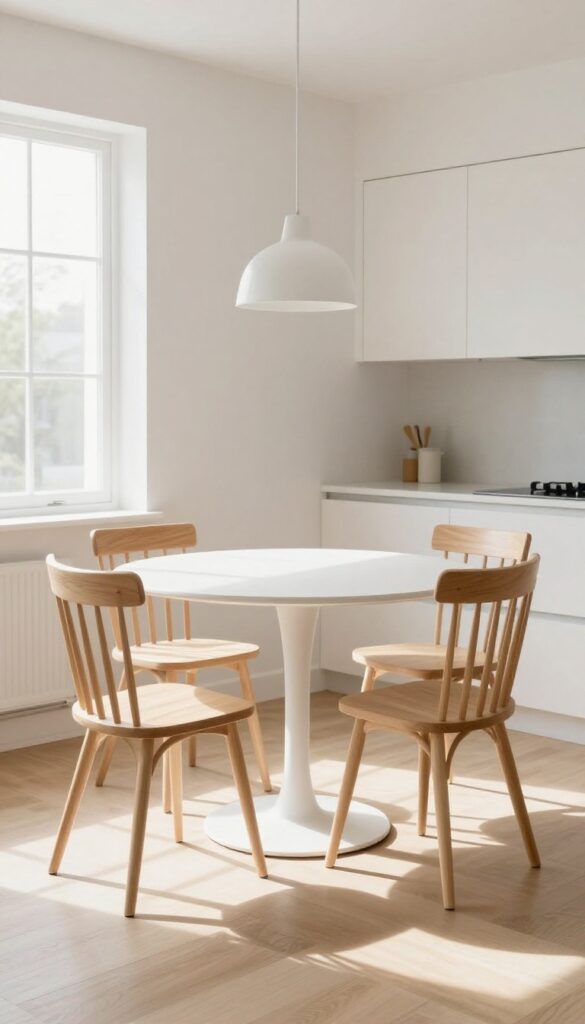Round white pedestal table with two wooden chairs in a bright kitchen corner, pendant light above, natural sunlight.