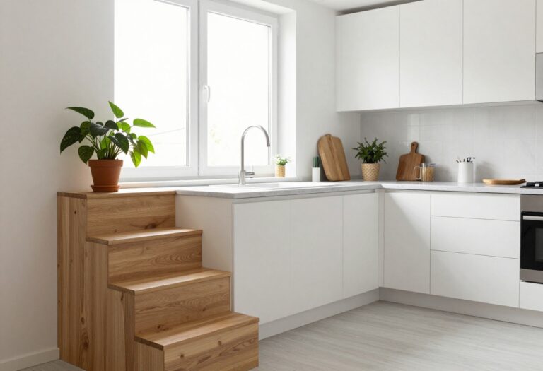 Cozy kitchen with a wooden step trash can and a plant by a sunny window