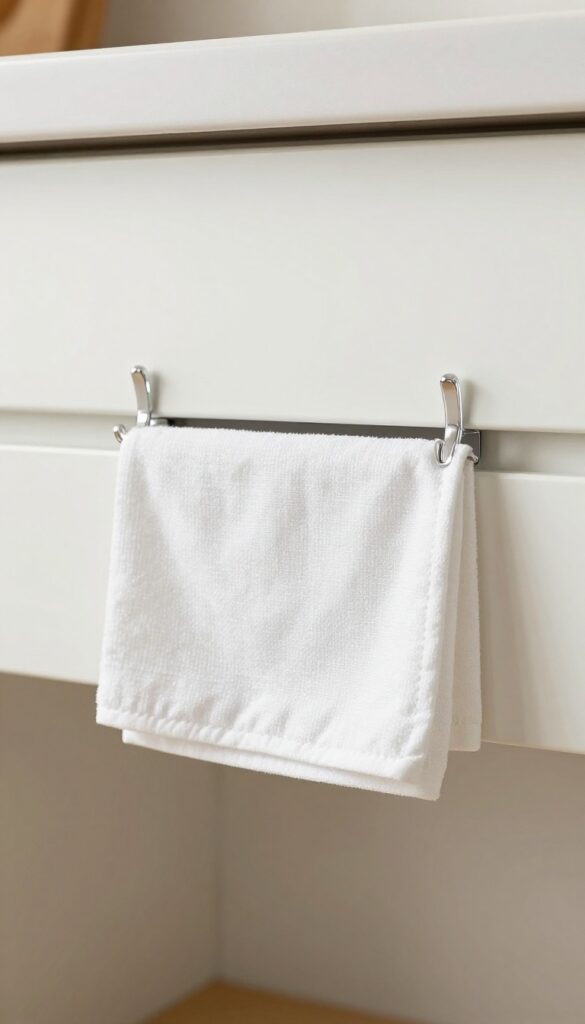 White kitchen towel draped over clear Command hooks on a cabinet front in a bright modern kitchen