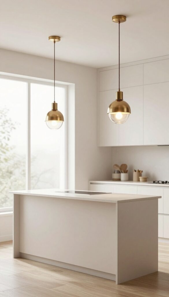 Mini pendant lights over a narrow kitchen island