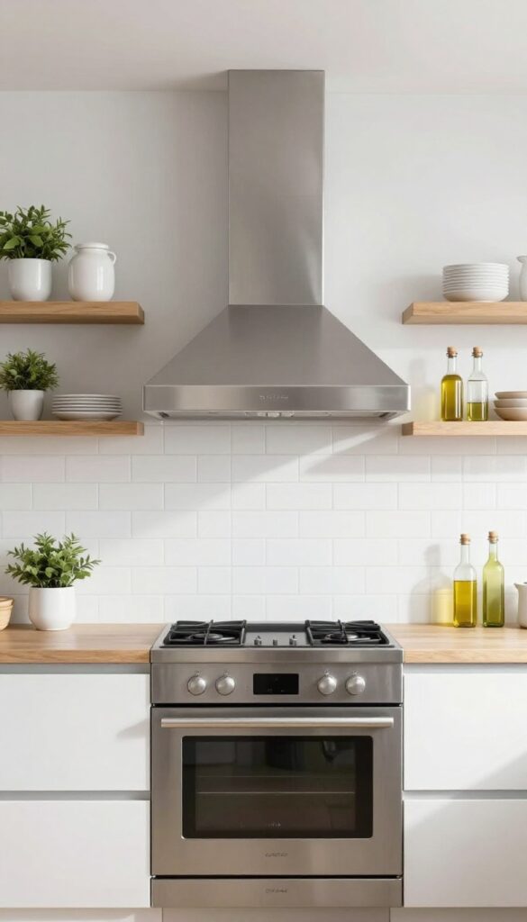 Modern kitchen with open shelving around a range hood, featuring neatly arranged white ceramics, glass bottles, and a small plant on light wood shelves.