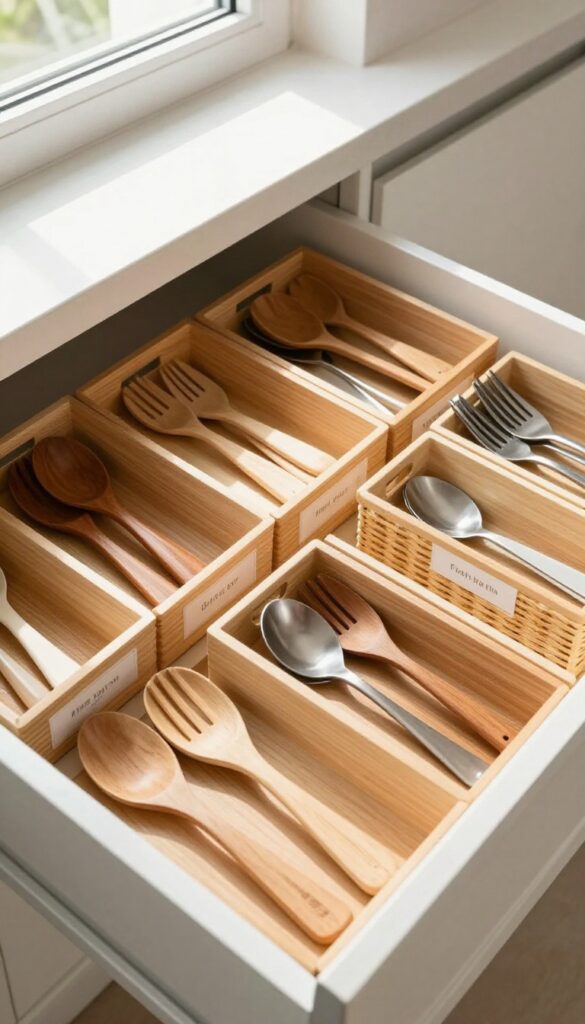 Open kitchen drawer with organized utensils and labeled woven bins in natural light.