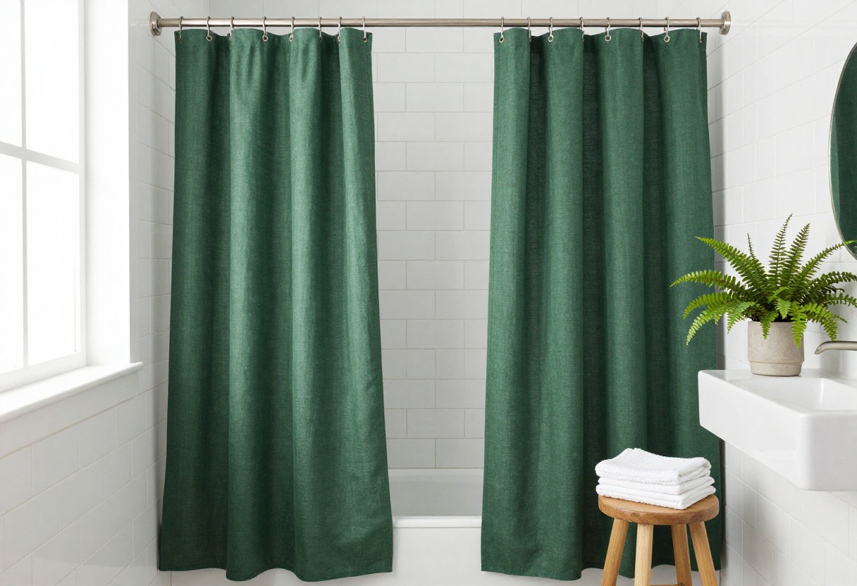 Bright bathroom with dark green linen shower curtain, white tiles, and wooden accents