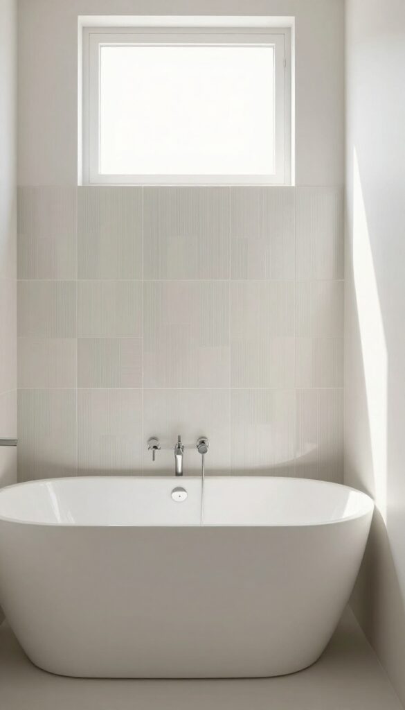 Bathroom with a statement wall behind the tub featuring vertical tile in a bath and shower combo under natural light.