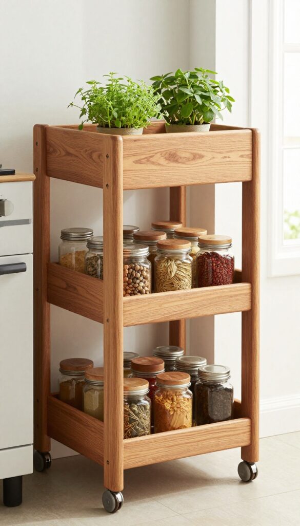 Compact wooden kitchen trolley with spice racks beside stove