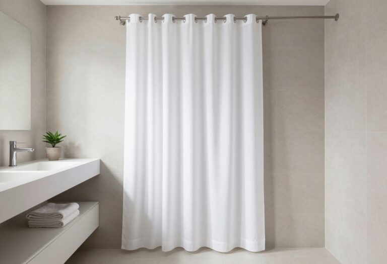 Tall white shower curtain in a minimalist bathroom with natural light and clean composition.