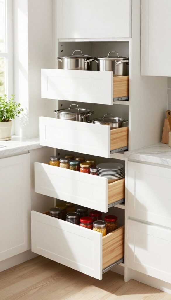 Modern kitchen with deep pull-out drawers replacing lower cabinets, showing organized pots, pans, spices, and baking sheets.