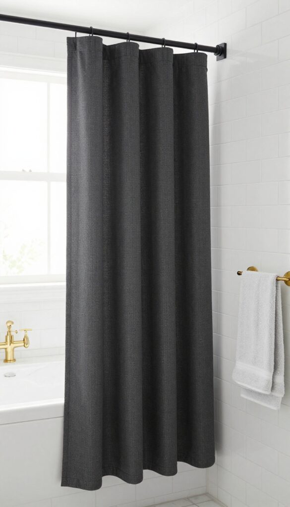 A stylish bathroom featuring a tall dark charcoal shower curtain for contrast against white tile, with natural light and brass accents.