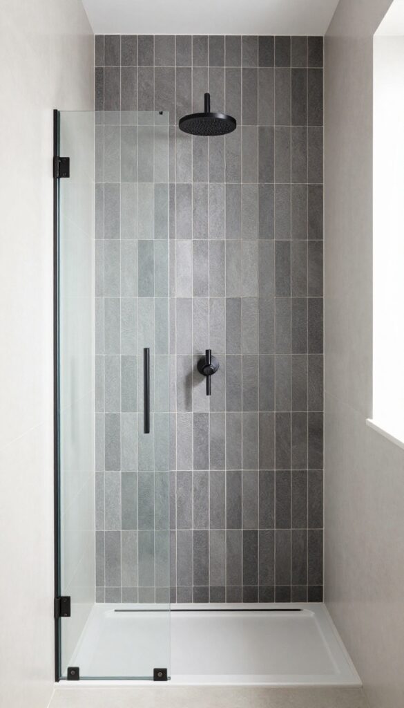 A modern shower with vertical striped subway tiles in contrasting colors to create height and focus, featuring neutral walls, matte black fixtures, and natural light.