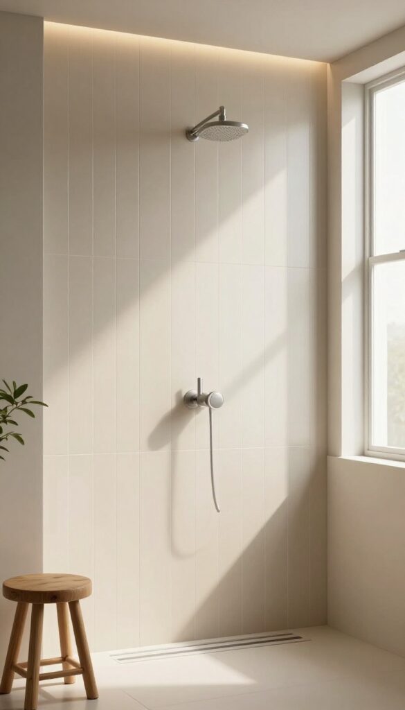 Vertical gradient tile shower wall with light to dark shades flowing upward in a serene bathroom setting, featuring natural light, minimalist fixtures, and simple decor for a calming spa-like effect.