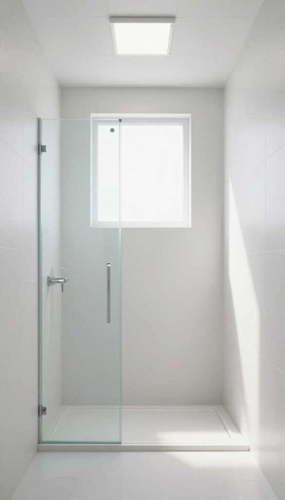 A bright, luxurious shower with a glass tile ceiling that reflects light to make the space feel taller and more open.