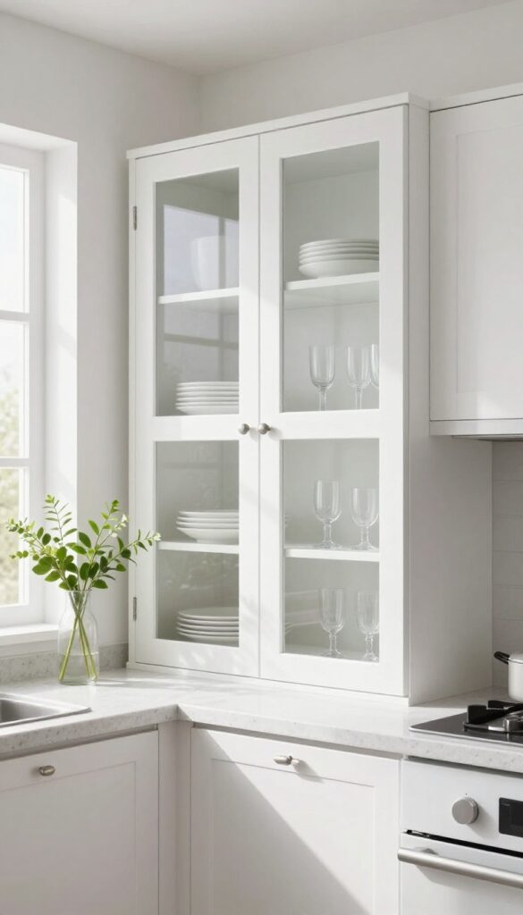 Small kitchen with frosted glass front upper cabinets, neatly arranged white dishware visible through glass, natural light creating reflections.