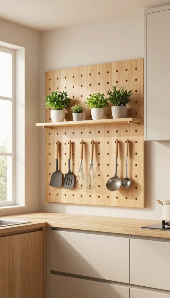 Pegboard wall in a bright kitchen with organized utensils and herbs
