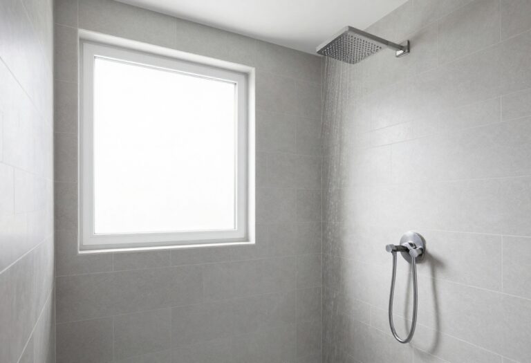 Modern bathroom shower with rain shower head and brushed nickel fixtures