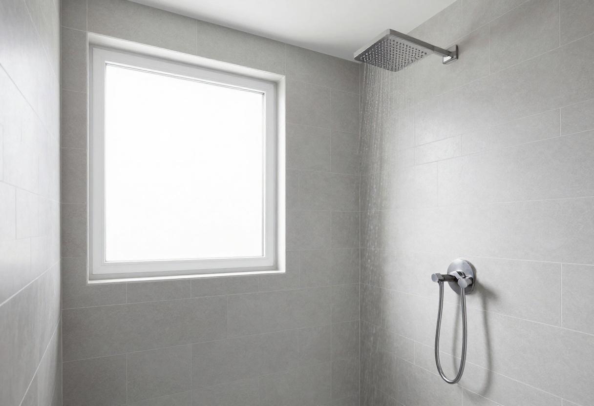 Modern bathroom shower with rain shower head and brushed nickel fixtures