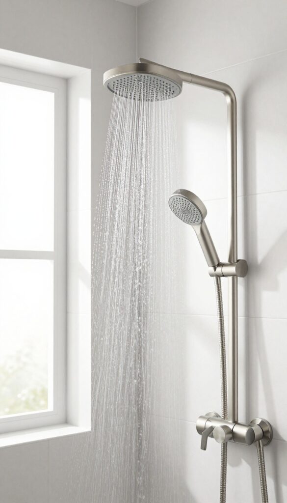 Modern water-saving showerhead in brushed nickel finish with gentle water spray in bright bathroom