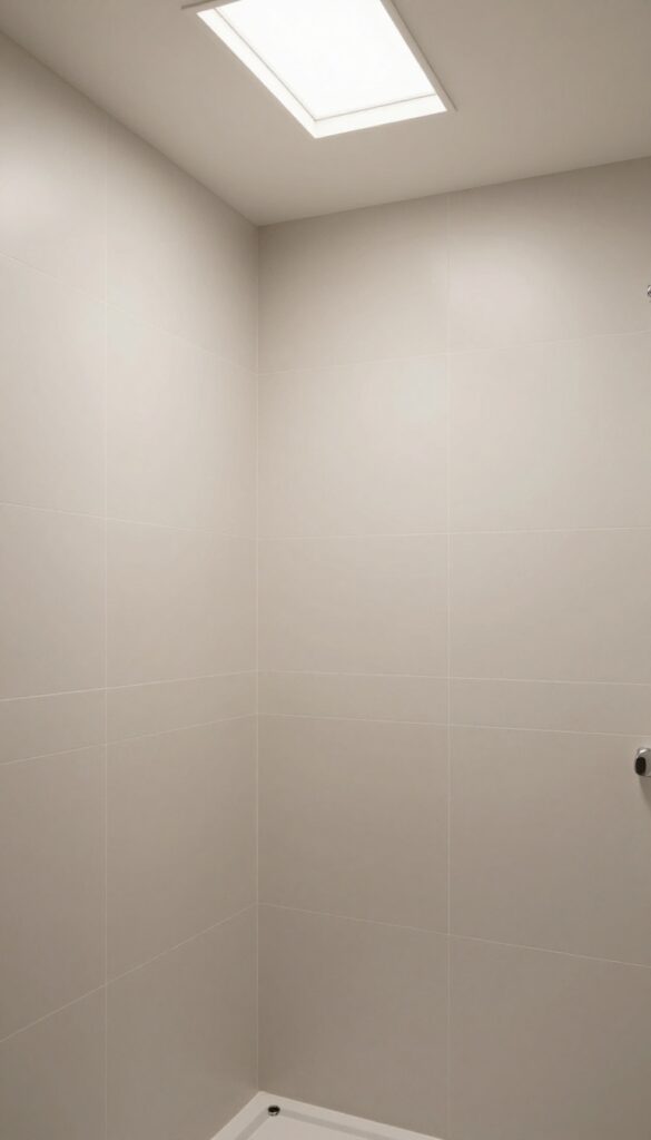 A curbless shower bathed in natural light from a skylight or window, showcasing light-colored tiles and minimal design for a polished bathroom aesthetic.