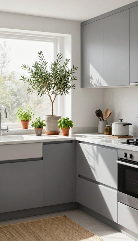 Gray kitchen with olive tree, potted herbs on windowsill, and jute runner for softness