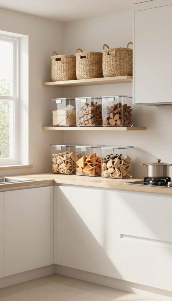 Open kitchen shelves with baskets and bins organizing dry goods