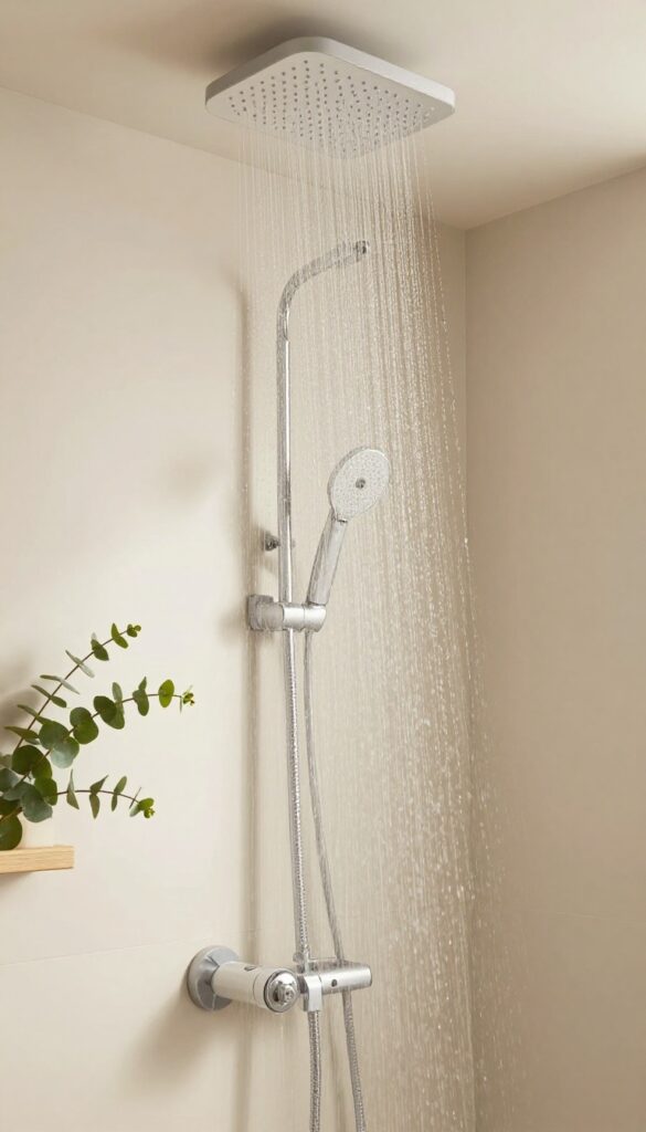 A rainfall showerhead in a modern bathroom with neutral tiles and eucalyptus branches, showcasing spa-like luxury for home decor inspiration.