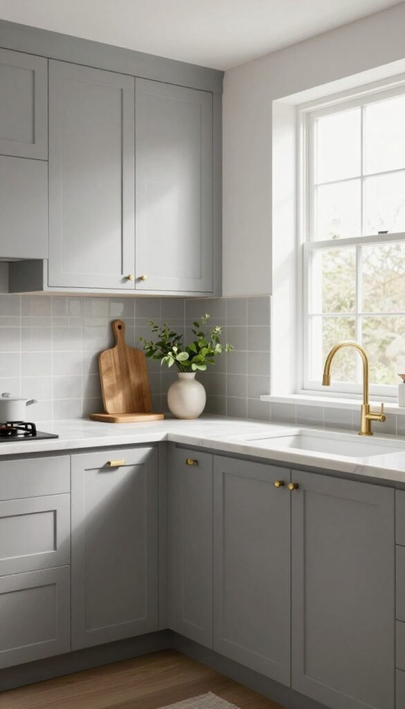Gray kitchen with white marble countertops, brass hardware, and greenery