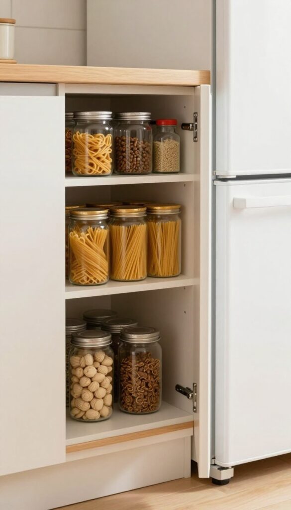 Slim pull-out pantry in a narrow gap between fridge and wall, organized with glass jars and cans, modern kitchen with natural light.