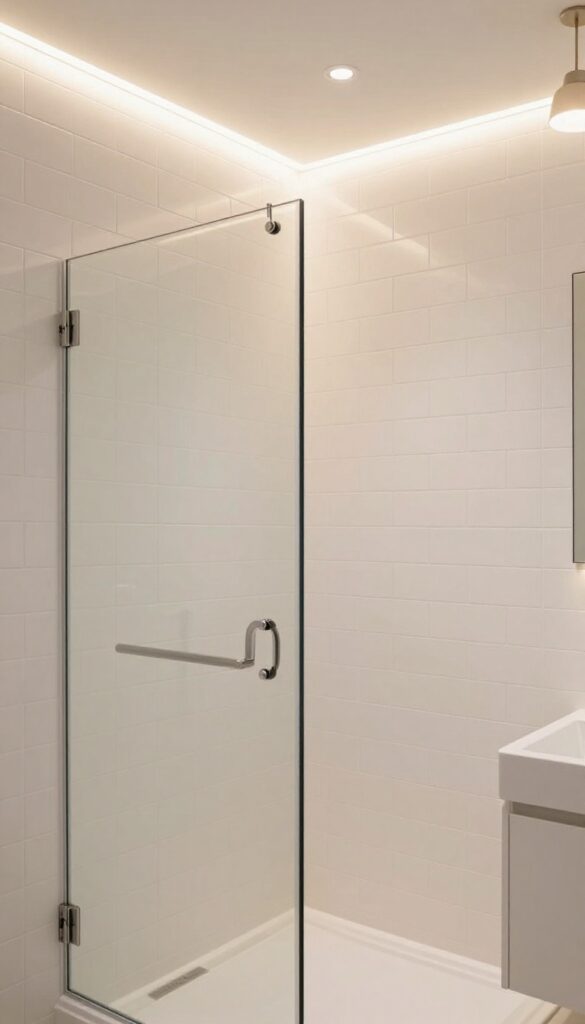 White tile shower with layered lighting including ambient LED strips and a pendant light, creating a warm, spa-like atmosphere in a bright, clean bathroom.