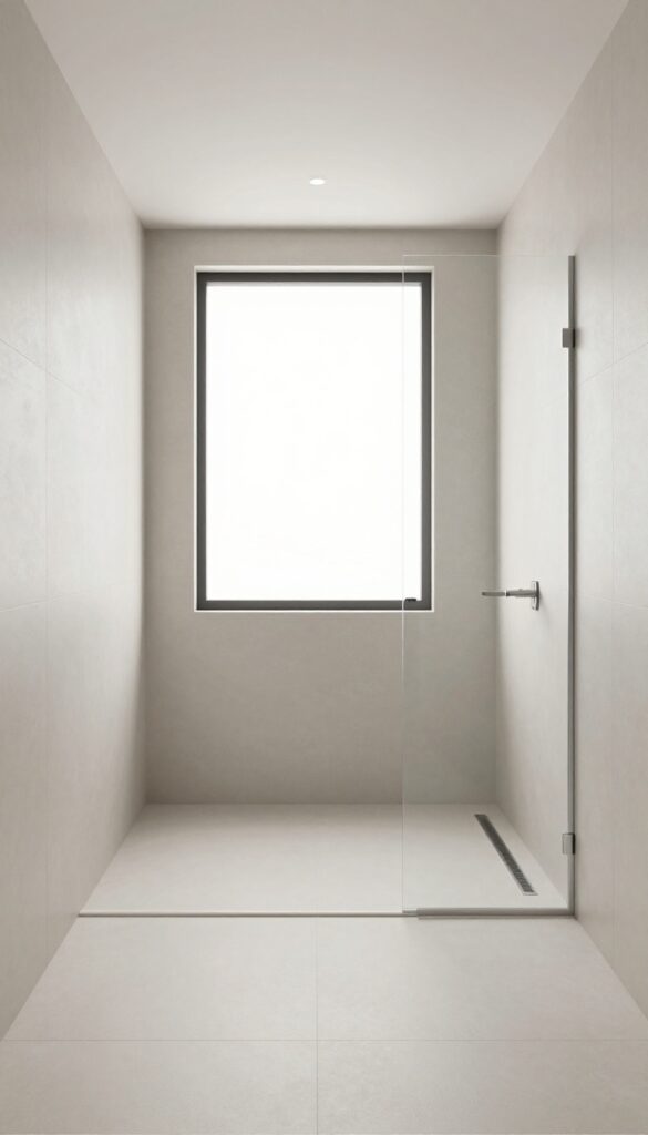 Modern walk-in shower with no curb in a master bathroom, featuring seamless flooring and bright natural light for a spacious, stylish look.